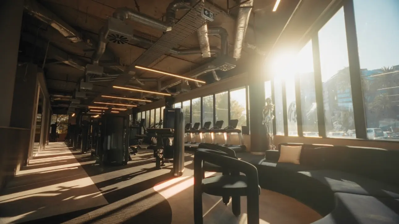 Modern gym with machines and sunlight